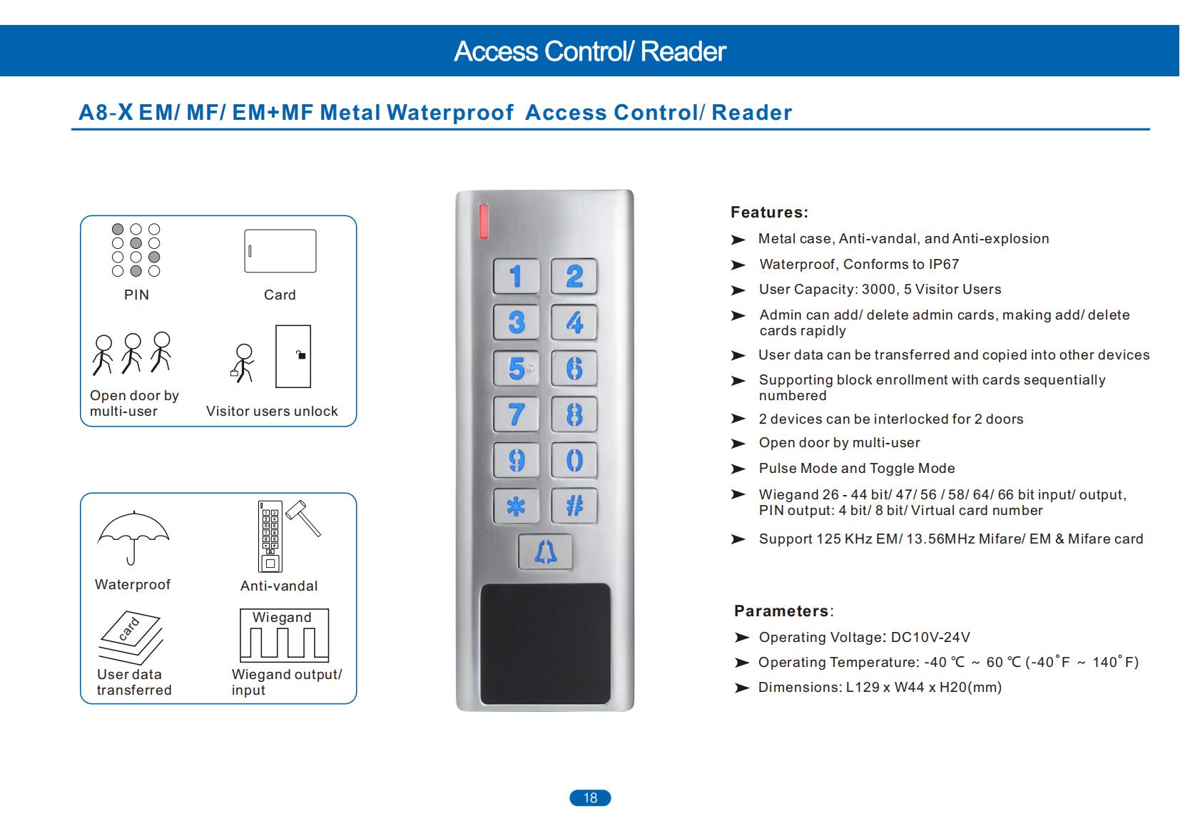 A8X-EM/MF Metal Waterproof Access Control Keypad - image 3