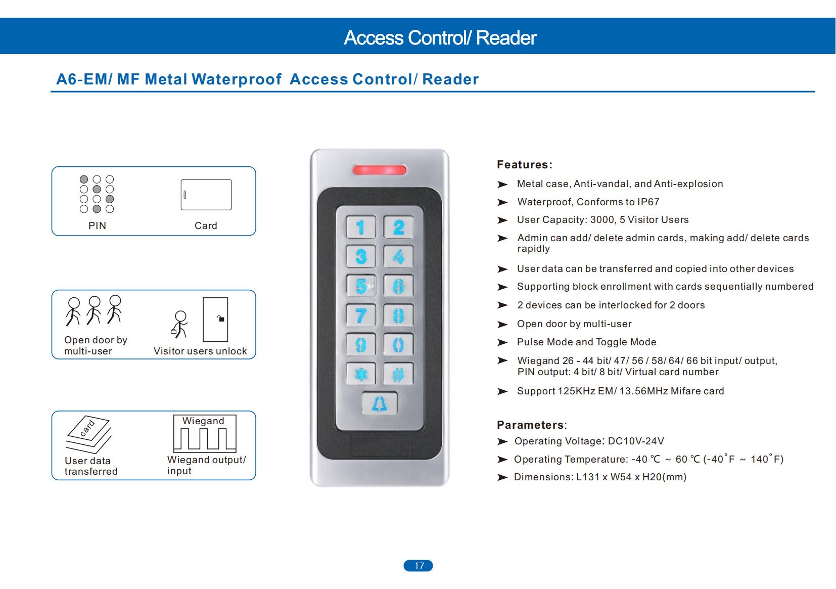A6-EM/MF-W Metal Waterproof Access Control Keypad - image 2