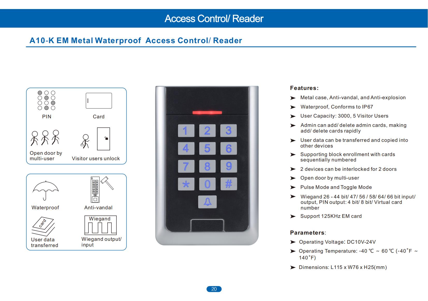 A10K-EM Metal Waterproof Access Control Keypad - image 3