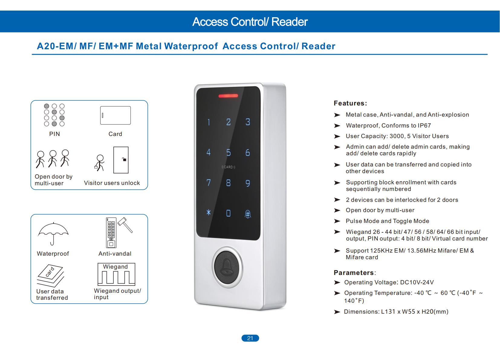 A20-EM/MF Metal Waterproof Access Control Keypad - image 2